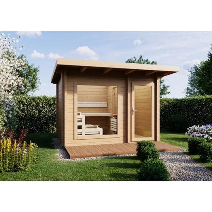 Infraworld Gartensauna Terra 2B, Saunahaus 341 mit Blockbohlen aus nordischer Fichte 70mm, Espe Inneneinrichtung – Bild 1