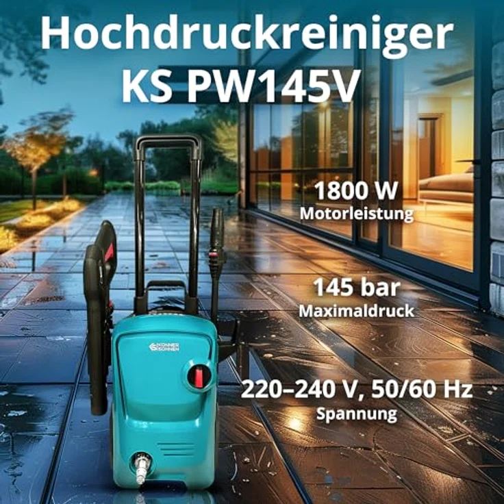 Könner & Söhnen Hochdruckreiniger KS PW145V, max. Druck 145 bar, mit Teleskopgriff, Auto-Start/Stopp-System und Schlauchtrommel – Bild 2