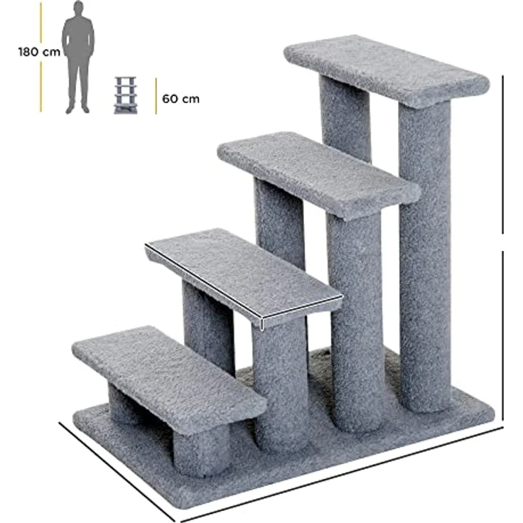 PawHut Tiertreppe Katzentreppe Hundetreppe Treppe für Katze und Hunde 4 Stufen Grau 63,5x43x60cm – Bild 3
