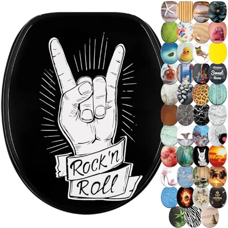 Sanilo WC Sitz Rock n Roll, Toilettendeckel aus Holz mit Absenkautomatik, antibakterieller Oberfläche, 47cm x 37,7cm – Bild 1