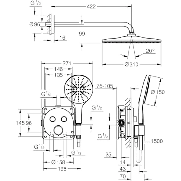 GROHE Precision SmartControl 310 - Duschsystem (310mm Kopfbrause mit 1 Strahlart, Handbrause 3 Strahl, Universal-Einbaubox, 150cm Brauseschlauch), rund, chom, 34877000 – Bild 3