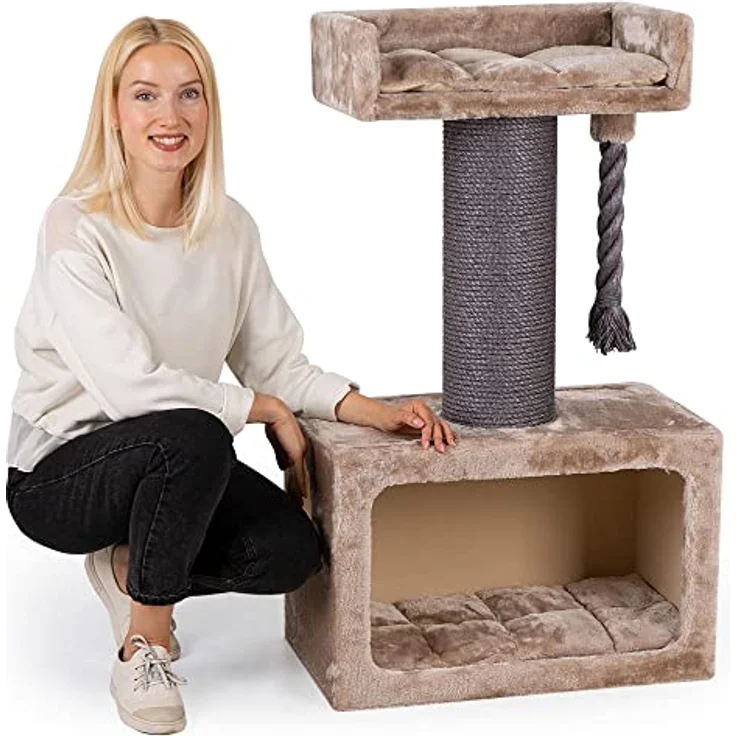 HAPPYPET Kratzbaum stabil 103 cm für große Katzen | Premium Qualität | 18 cm Sisalstämme mit 8 mm dickem Sisalseil | 600g Plüsch | Kratzbaum klein für schwere Main Coon | E1 Zertifiziert – Bild 1