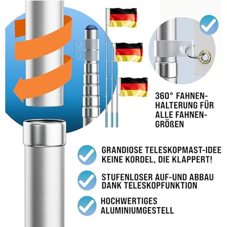 MONZANA® Aluminium Teleskop Fahnenmast 6,30m mit Bodenhülse 60cm inkl. Spanien Flagge – Witterungsbeständig und Schnellaufbau – Bild 3