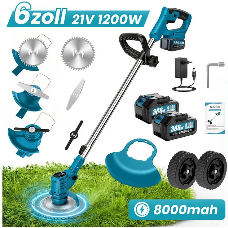 Bundviel Akku-Rasentrimmer 21V, 3-in-1 Elektro Rasentrimmer mit 1800W Motor, 2x4000mAh Akku, Ladegerät und Zubehör