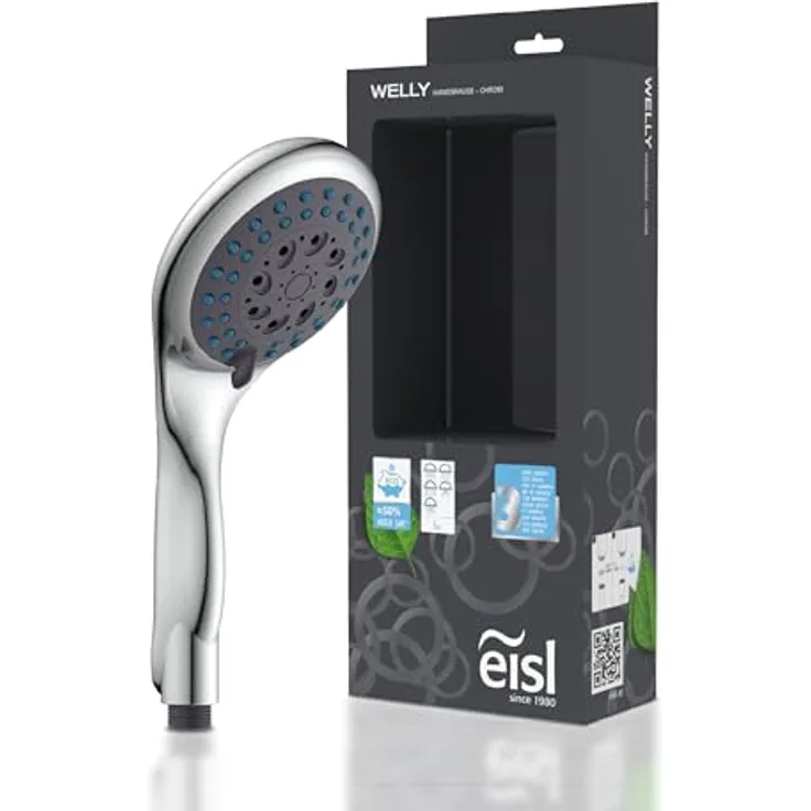Eisl Handbrause Welly Chrom, Duscharmatur mit 5 Funktionen, ergonomischem Griff und Antikalk-Noppen, Ø 12 cm Duschkopf