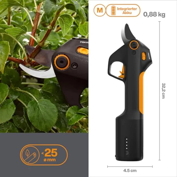 Fiskars Akku-Gartenschere M Bypass, 8V Lithium-Ionen-Akku, 2 Schneide-Modi für Äste bis Ø 25 mm, USB-C-Ladekabel, Schwarz/Orange, 1082297 – Bild 2