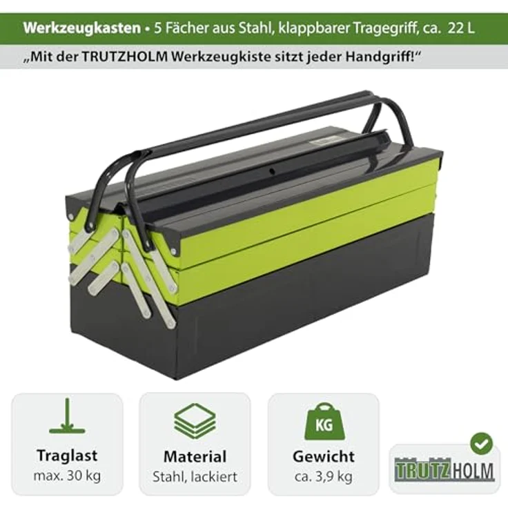 TRUTZHOLM Werkzeugkoffer Werkzeugkiste 53x20x21cm 5 Fächer aus Stahl lackiert klappbarer Griff – Bild 2