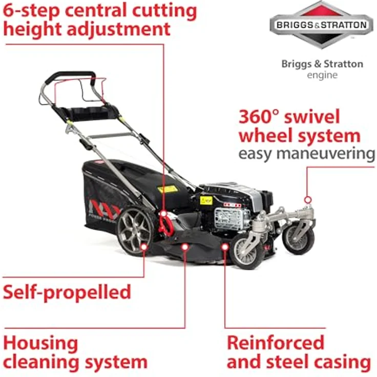 NAX POWER PRODUCTS 5000S Motor Briggs & Stratton 875EXi Series 190 cm3 ReadyStart Mähbreite 56cm Fangkorb 75l wendige Vorderräder Benzin-Rasenmäher mit Antrieb, Schwarz – Bild 2