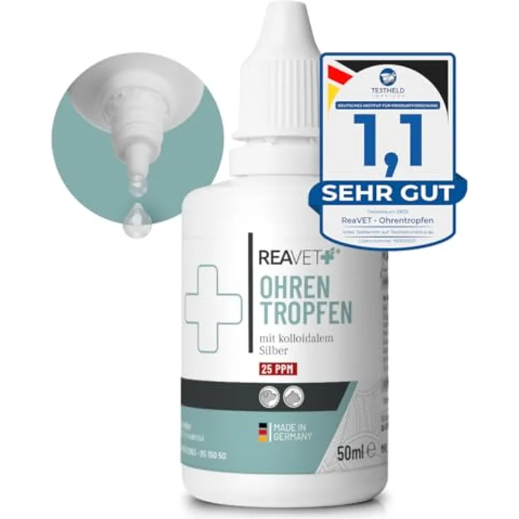 ReaVET TESTURTEIL SEHR GUT 09/23 Ohrentropfen mit kolloidalem Silber 50ml I 25ppm I Für Hunde und Katzen I Bei Ohrentzündungen, Juckreiz und Irritationen, Ohrenpflege, Ohrenhygiene, Gesunde Ohren