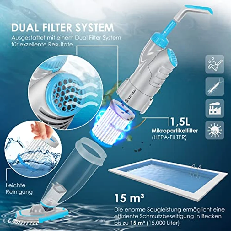 KESSER Poolsauger mit Akku | elektrisch Pool Bodensauger inkl. Filter & 2-Geschwindigkeits-System | kabelloser Reiniger mit HEPA-Filter, Schwarz – Bild 7