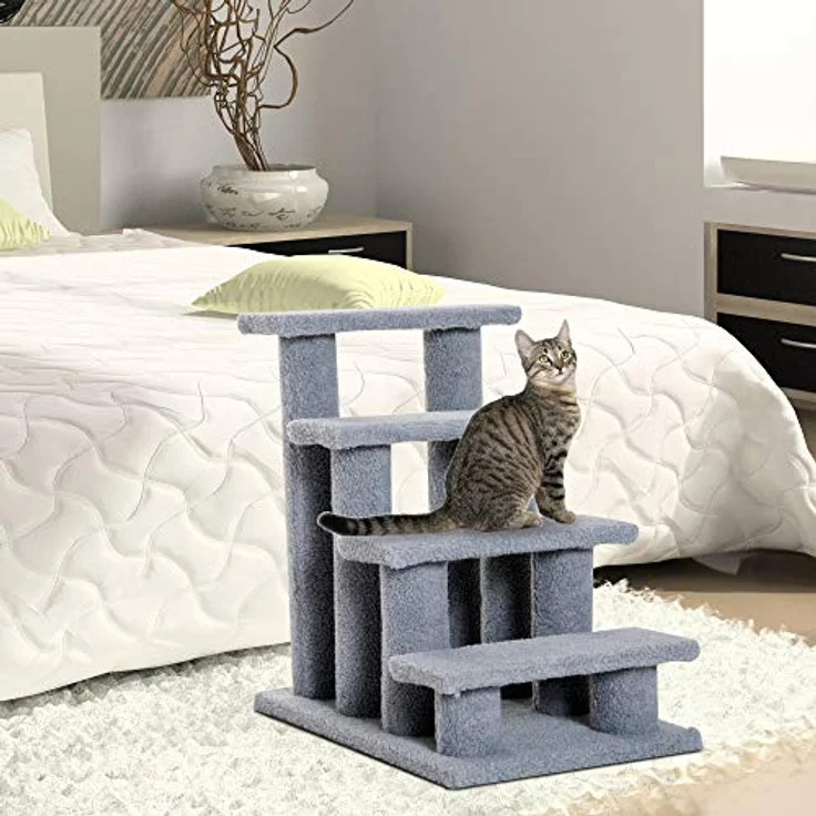 PawHut Tiertreppe Katzentreppe Hundetreppe Treppe für Katze und Hunde 4 Stufen Grau 63,5x43x60cm – Bild 2