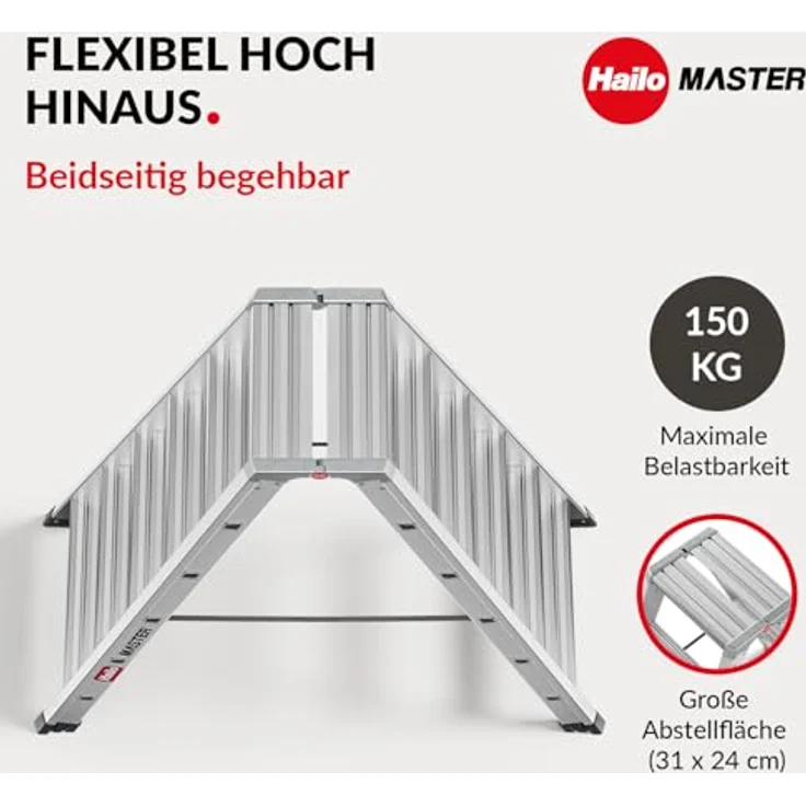 Hailo Master D100 Aluminium Doppelstufenleiter, beidseitig begehbar, breite rutschhemmende Stufen, große Abstellfläche, 2 x 6 Stufen, EN 131 geprüft, belastbar bis 150 kg – Bild 2