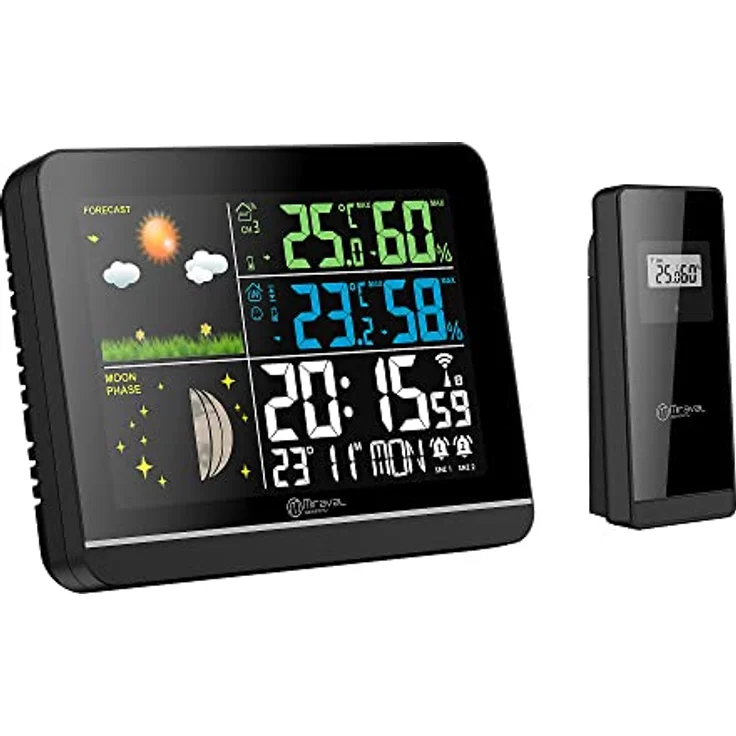 Miraval Funk-Wetterstation, Hygro- & Thermometer für innen/außen mit Farbdisplay, Uhrzeit- und Datumsanzeige, 2 Alarme, Außensensor, 8 Sprachen, inkl. Befestigungsset – Bild 1