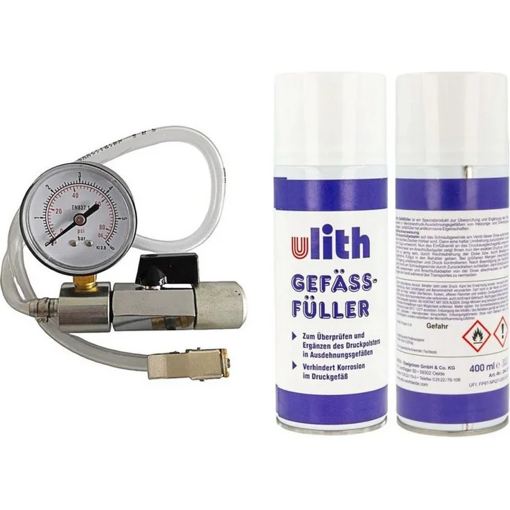 Ulith Gefäßfüller 400 ml, brennbar frei für Membran Ausdehnungsgefäße, 2er Set mit Anschlussadapter und Manometer