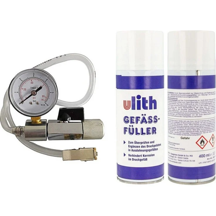 Ulith Gefäßfüller 400 ml, brennbar frei für Membran Ausdehnungsgefäße, 2er Set mit Anschlussadapter und Manometer