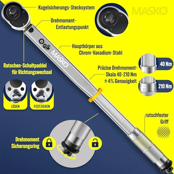 MASKO Drehmomentschlüssel 6tlg. Set 40-210Nm 1-2 ' CV inkl. 3 Stecknüssen 17mm, 19mm, 21mm und Verlängerung 125mm inkl. Koffer +- 4% Toleranz Reifenschlüssel Auto Drehmoment-Schlüssel Silber – Bild 6