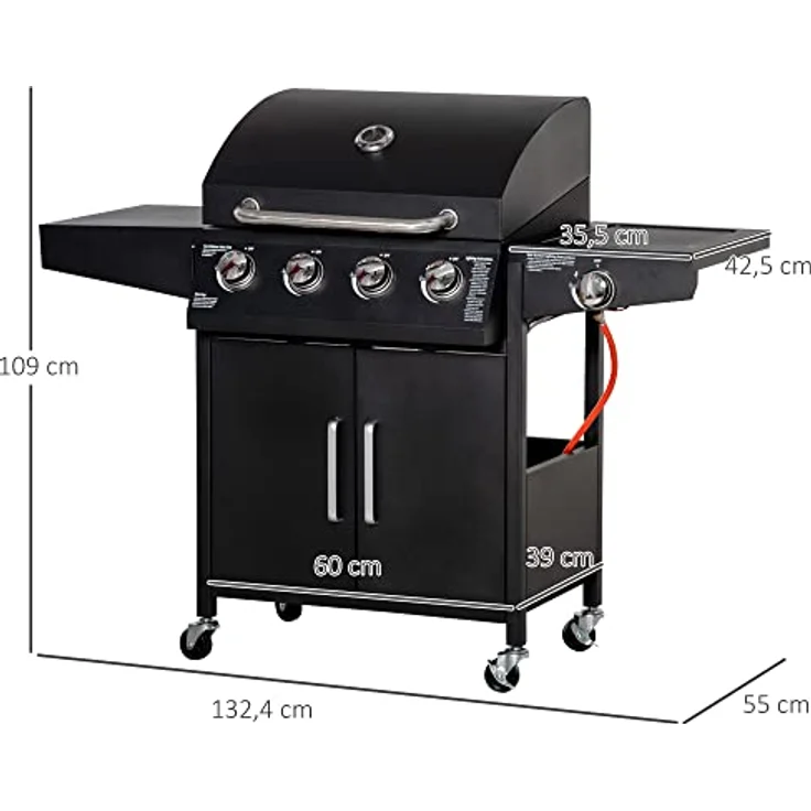 Outsunny Gasgrill BBQ mit 4 Brennern je 3 kw mobiler Grillwagen mit 4 Rädern Grillnetz Seitentischen Druckminderer Schläuche Schrank Multifunktion Stahl Schwarz 132,4 x 55 x 109 cm - Preisvergleich – Bild 3