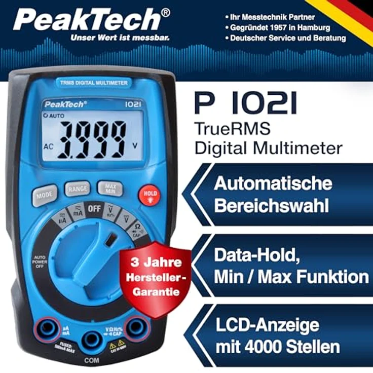 PeakTech P 1021, Digital Multimeter mit 4000 Counts, TRMS, automatische Bereichswahl, robustes Gehäuse – Bild 2