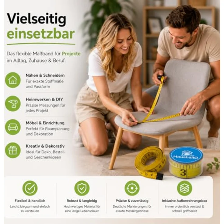 HaushaltO 2 in 1 Maßband 150 cm, präzises Schneidermaßband mit cm- und INCH-Skalierung, inklusive Aufbewahrungsbox – Bild 2