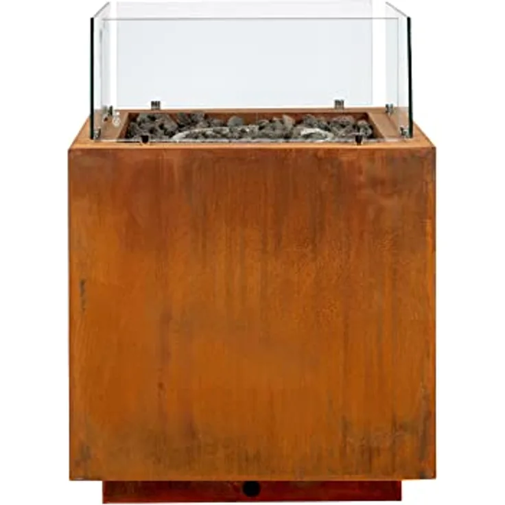 intergrill Gasfeuerstelle Fire Pit | 60 x 60 x 81,5 cm | Feuertisch Feuerschale für Garten Lavasteine Glas | Patinierter Cortenstahl | Mediterranlook