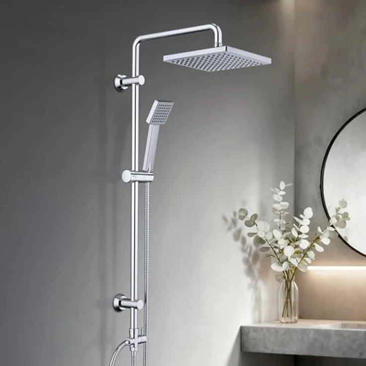 JOHO Edelstahl Regendusche Set, Duschsystem ohne Armatur, 20x20cm Kopfbrause, wassersparend, verchromte Duschstange, flexible Wandhalterungen – Bild 1