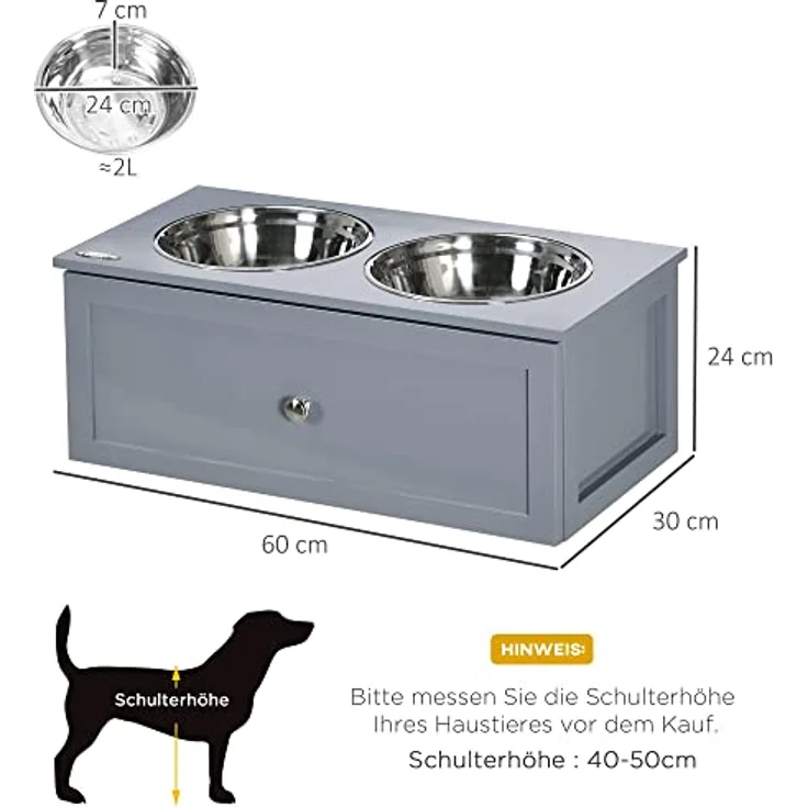 PawHut Hundenapf mit Schublade, erhöhter Fressnapf, Doppel Hundenapf aus Edelstahl, Futternapf für mittelgroße Hunde, Hunde Fressnapf mit Staumraum, Katzenapf, Futterstation, Grau – Bild 3