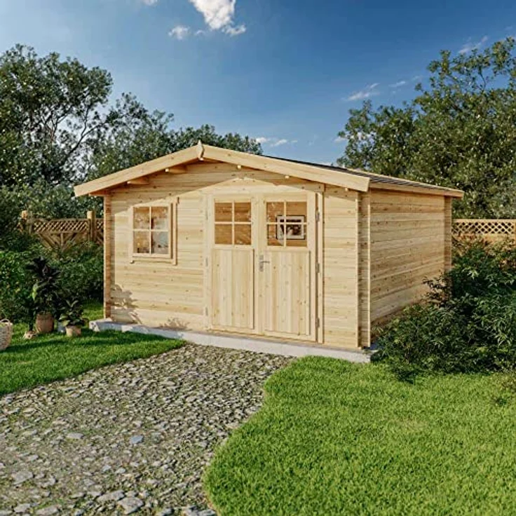 Gartenhaus Valerie-28 mit Fußboden aus Holz, Gerätehaus 428x427, 14,67 m², 28 mm Wandstärke, Holzhaus in Blockbohlen-Bauweise inkl. Fenster und Leimholztür Naturbelassen – Bild 2