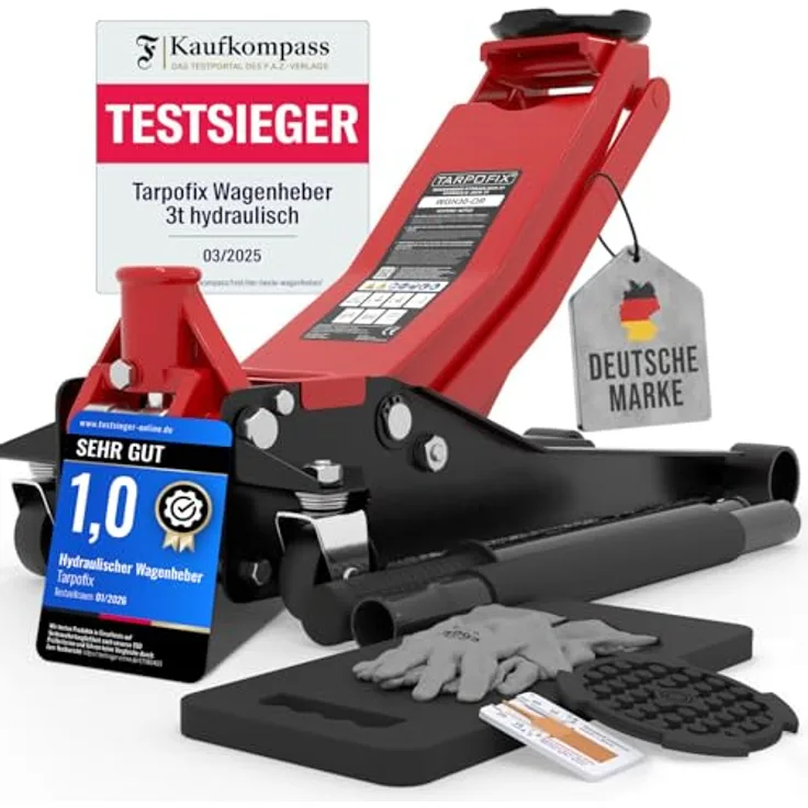 Tarpofix Hydraulischer Wagenheber 3T – Flacher Rangierwagenheber für Auto & SUV, Hubhöhe 85 - 475 mm, mit Gummiauflage & Handschuhen
