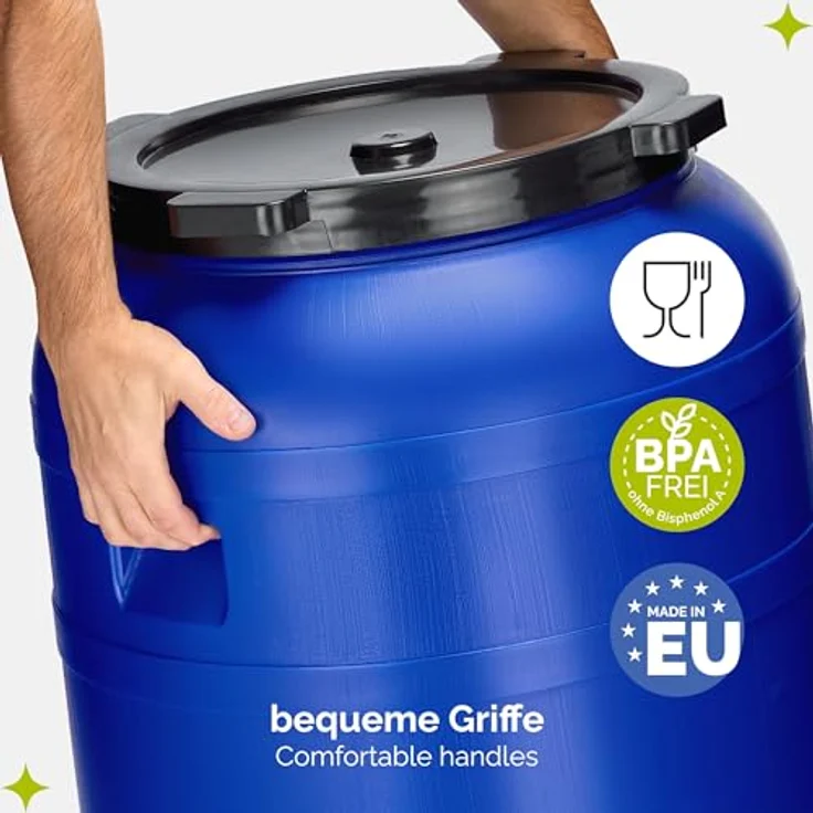 Garronda 100 Liter Weithalsfass GD-0092, BPA-frei, vielseitiges Universalfass mit Deckel und Hahn, blau – Bild 5