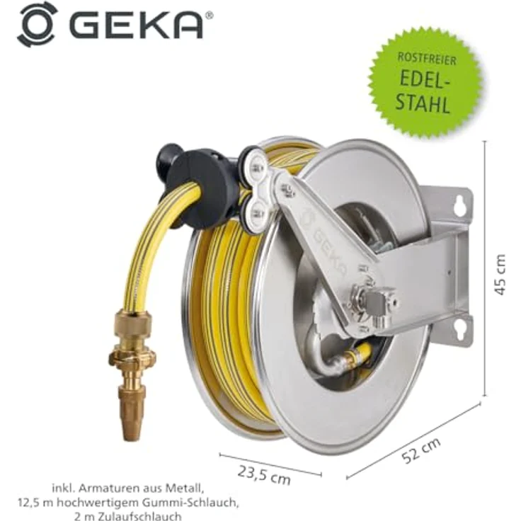 GEKA plus automatischer Schlauchaufroller EA15SK, Edelstahlkonstruktion mit automatischem Rückzug und individuellem Schlauchstopper, 52 x 45 x 23,5 cm – Bild 2