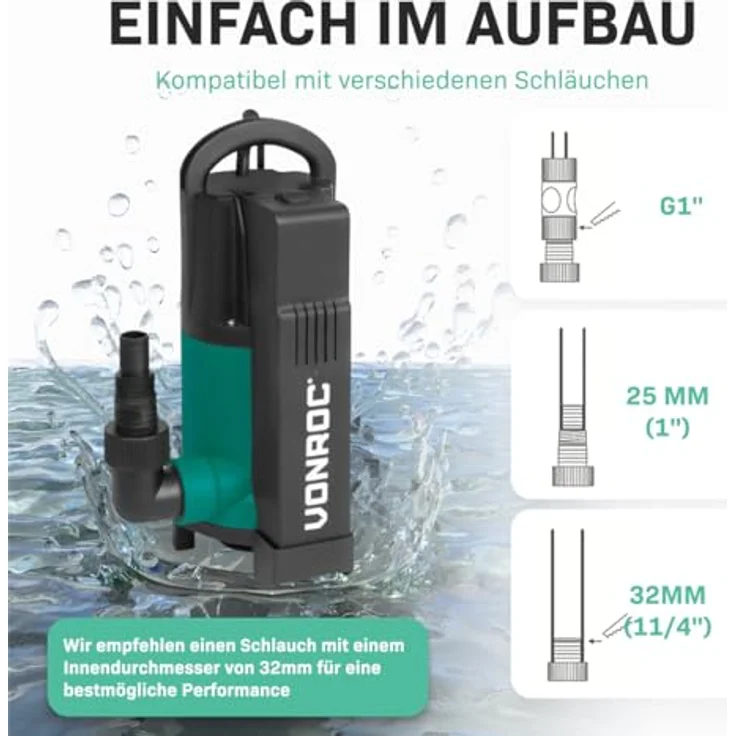 VONROC Tauchpumpe mit integriertem Schwimmer [750W] - Schmutzwasserpumpe für Keller, Pool, Gartenteich - Flachsaugend max Höhe [7,5m] - 1400 l/h für sauberes und schmutziges Wasser – Bild 5
