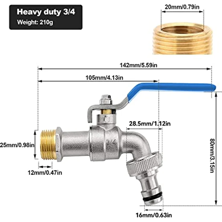 AIMEKE Premium 3/4 Zoll Kugelhahn, Messing Wasserhahn für Garten, frostssicher mit 1 Schlauchanschluss und 2 Trommeldichtbänder – Bild 2