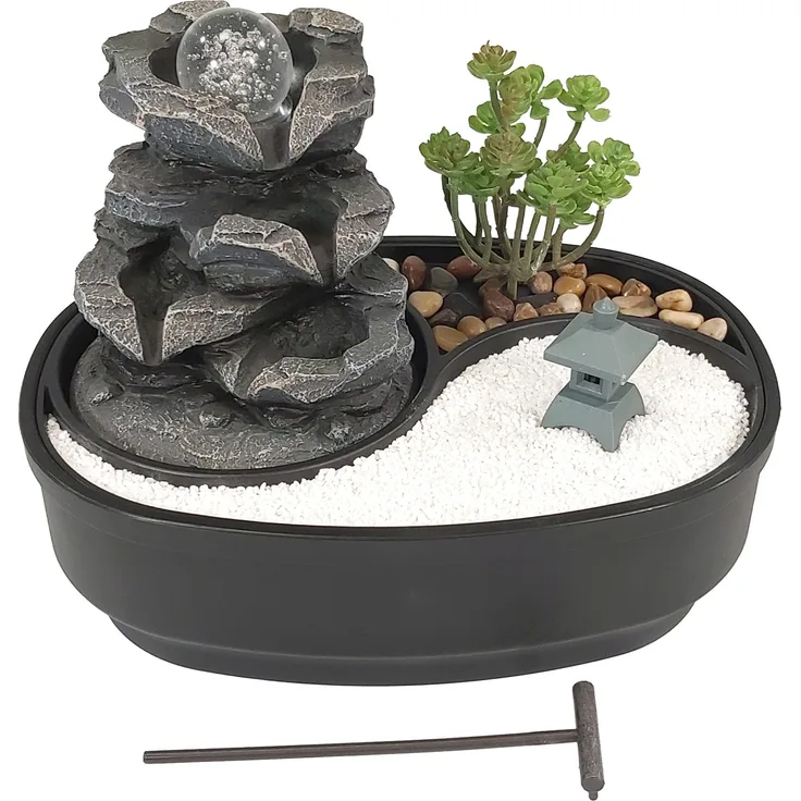 Lemodo Zimmerbrunnen Tischbrunnen mit Zen-Garten, Pumpe mit LED-Beleuchtung, Polyresin, fernöstliches Flair