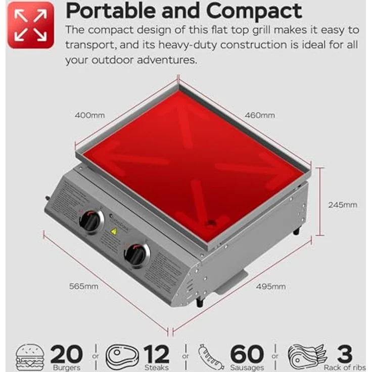 TurboTronic By Z-LINE XXL Profi Plancha Gasgrill, 61 cm Edelstahl Grillplatte, 6,3 kW Leistung, 2x 3,15 kW Brenner, Turbofunktion für Smash Burger, tragbares Design für Camping und BBQ – Bild 2