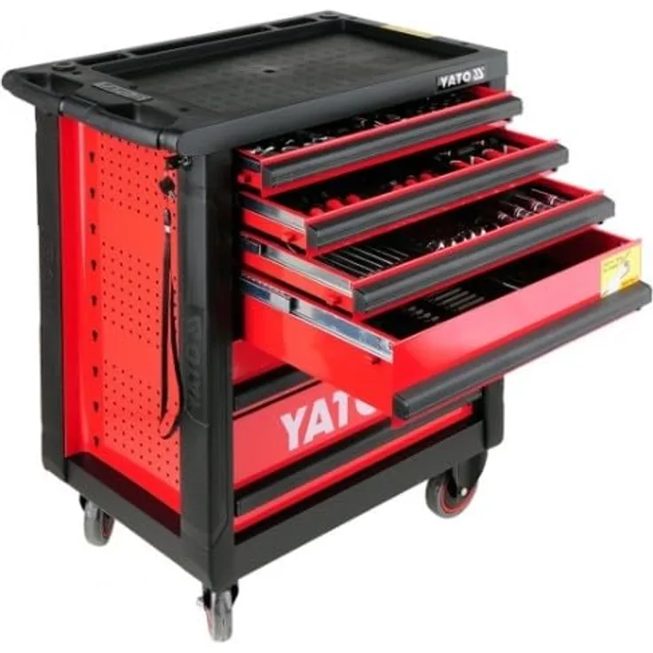 YATO YT-5530 Werkzeugwagen aus Stahl, Schwarz-Rot, 6 Schubladen mit Teleskopschienen, Tragkraft bis 35 kg