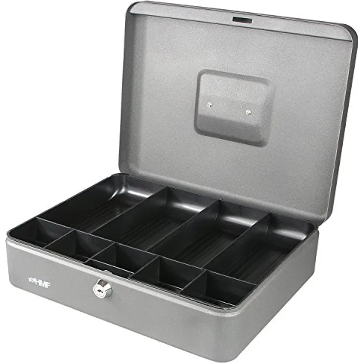 HMF 10019-09 Geldkassette Scheinfächer Münzfächer | Abschließbare Geldkasse mit Zylinderschloss | Hochwertige Oberfläche in Silber
