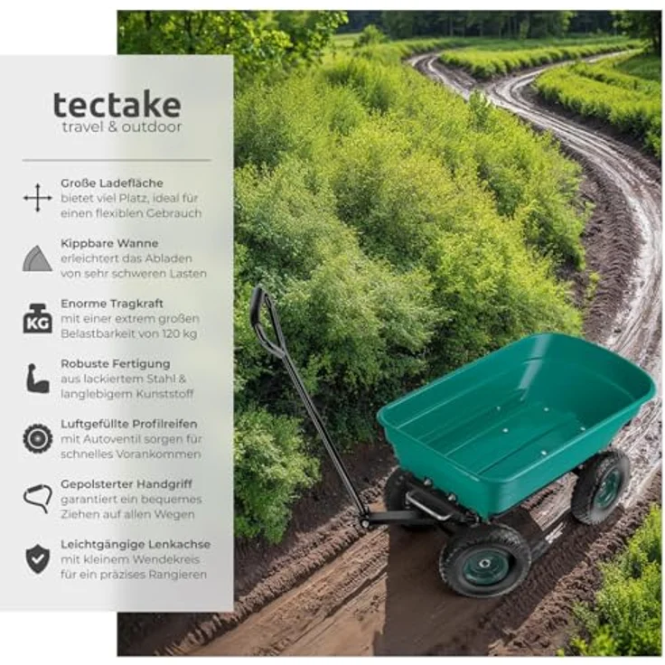 tectake® Bollerwagen mit Kippfunktion, Handwagen und Transporter, belastbar bis 120 kg, mit leichtgängiger Lenkachse und rutschfestem Griff – Bild 2