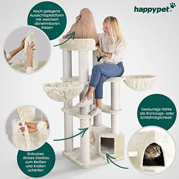 HAPPYPET Kratzbaum für große Katzen 'Oscar' - Premium Katzenbaum stabil 44 kg, 12 cm Dicke Stämme für schwere Katzen Maine Coon, 600g Plüsch, 2 Liegemulden und Höhle, geprüftes Holz, Creme – Bild 3