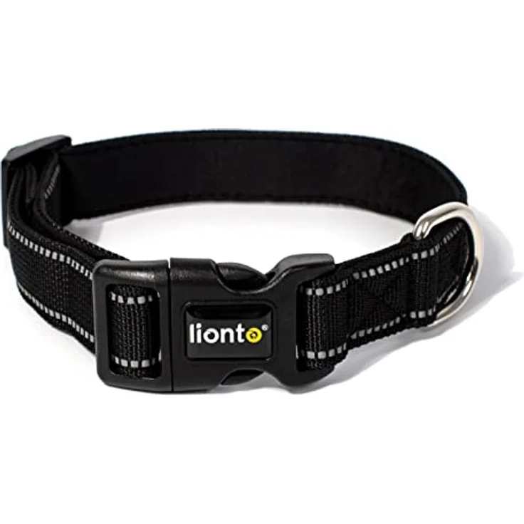 lionto Hundehalsband M, strapazierfähiges Nylon, gepolstert, 360° reflektierend, Klickverschluss, stufenlos verstellbar, schwarz – Bild 1