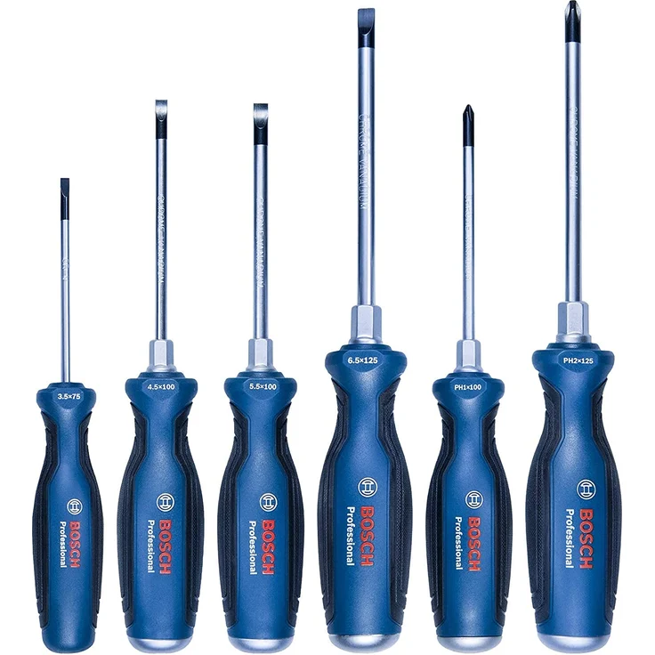 Bosch Professional 1600A016BF 6 tlg. Schraubendreher Set mit Kreuz- und Schlitzschraubendreher, durchgehende Stahlklinge und Stahlkappe – Bild 2
