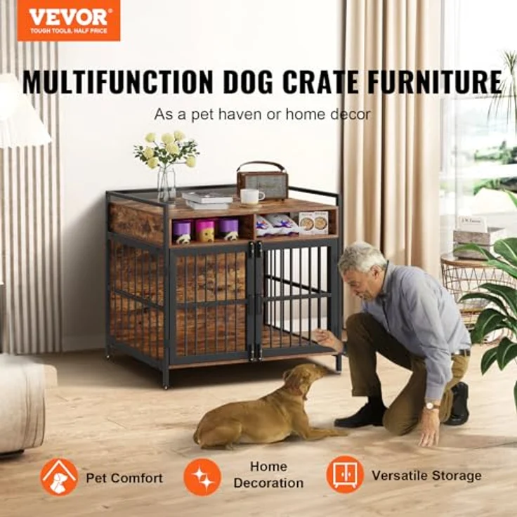 VEVOR Hundekäfig Vintage Beistelltisch mit Doppeltür-Design, Karbonstahl-Rahmen und P2 Spanplatte in Holzoptik – Bild 2