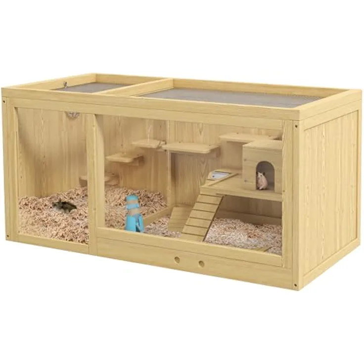 PawHut Hamsterkäfig aus Holz, 100 cm Kleintierstall, Spielhaus für Gerbils mit Schaukeln, Leitern, zu öffnendes Dach, Hütte, Natur