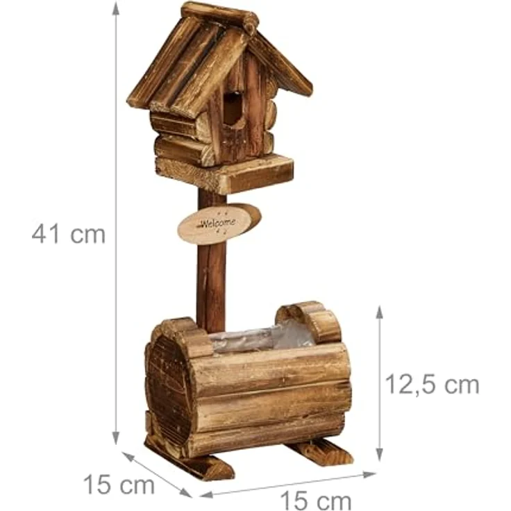 Relaxdays Deko Vogelhaus mit Blumentopf, Tannenholz, rustikales Design, HxBxT: 41 x 15 x 15 cm, Dekohäuschen, Natur – Bild 4