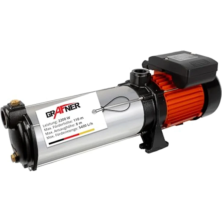 Grafner Premium Kreiselpumpe 10 Stufen, 2200 Watt, 5400 l/h, 11 bar, Förderhöhe 110m, Edelstahl, selbstansaugende Wasserpumpe für Garten und Haus – Bild 1