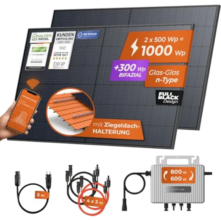 Solarway® 1000Wp / 800W Balkonkraftwerk, komplettes Set mit 800W EcoFlow Stream Wechselrichter und 2 x 500W bifazialen schwarzen Solarmodulen, inkl. Zubehör – Bild 2