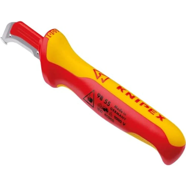 Knipex Abmantelungsmesser mit Gleitschuh isolierender Mehrkomponenten-Griff, VDE-geprüft 180 mm (SB-Karte/Blister) 98 55 SB, Ergonomisch gestaltet mit rutschfester Weichkomponente, transparente Schutzkappe. – Bild 2
