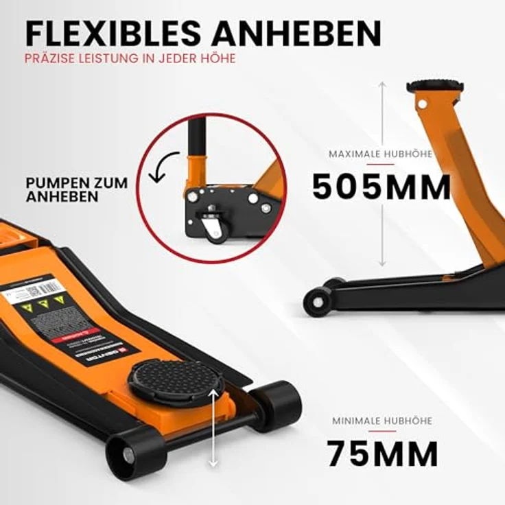 GENTOR Hydraulischer Wagenheber 3T Flach, Rangierwagenheber mit 75-505 mm Hubhöhe in Orange für PKW, SUV & Werkstatt – Bild 4