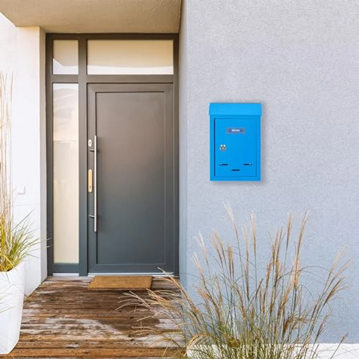 Relaxdays Briefkasten mit Namensschild, aus Metall, mit 2 Schlüsseln, Postkasten schmal, HxBxT: 26,5 x 19 x 6,5 cm, blau, 1 Stück – Bild 2