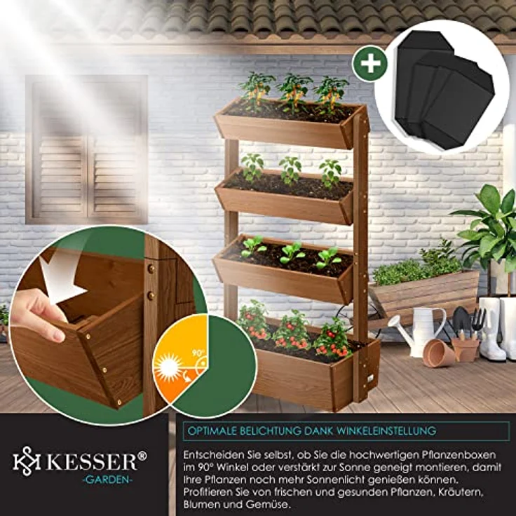 KESSER Hochbeet mit Etagen Premium Blumenkasten Blumentreppe Pflanztreppe - Gemüsebeet Kräuterbeet Pflanzkübel Frühbeet Blumenbeet Pflanzkasten inkl. Gartenvlies- Beet für Terrasse Balkon & Garten Braun, 4 Etagen – Bild 4