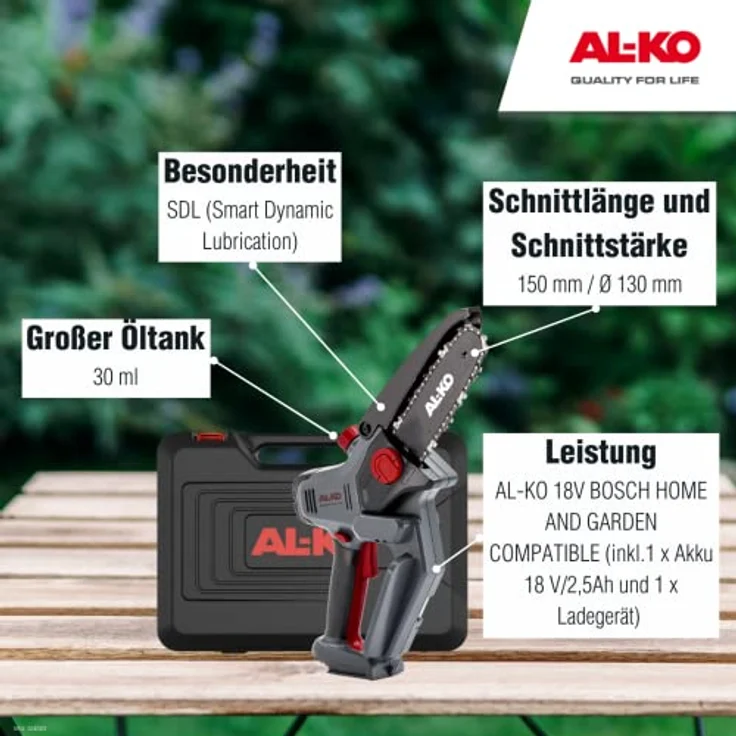 AL-KO Akku-Minikettensäge CSM 1815, 18 V Li-Ion, 15 cm Schnittlänge, Schnittstärke 13 cm, SDL® Smart dynamic lubrication, inkl. Akku, Ladegrät,Tragekoffer und Kettenöl – Bild 2